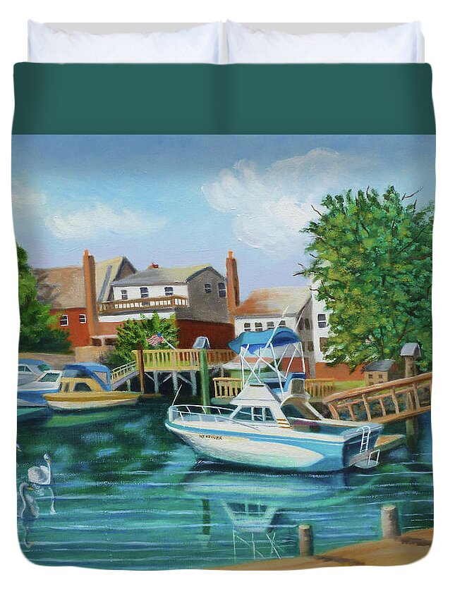 Boats Duvet Cover featuring the painting Boats Behind Cross Bay Blvd. by Madeline Lovallo