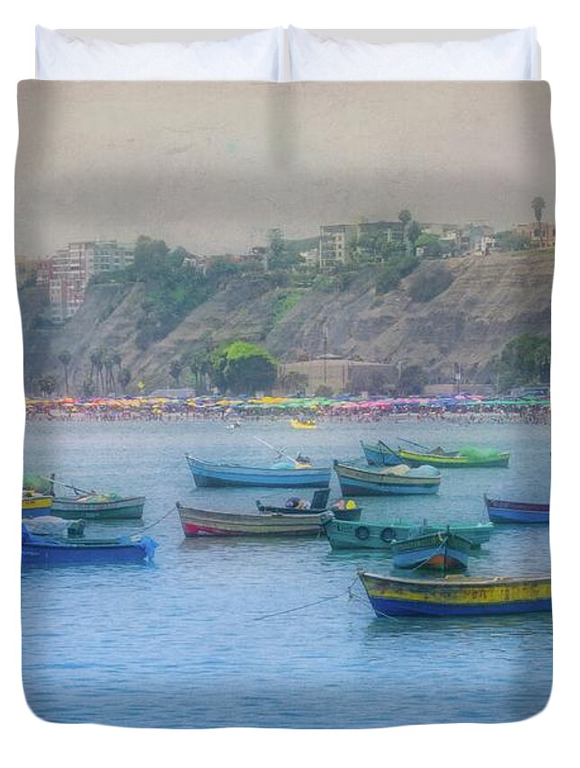 Fishing Boats Duvet Cover featuring the photograph Boats in Blue Twilight - Lima, Peru by Mary Machare