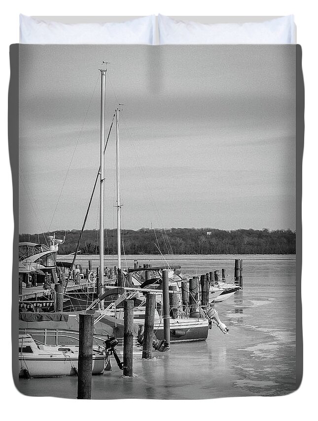 Boats Duvet Cover featuring the photograph Boats In Icy Harbor in Black and White by Liz Albro