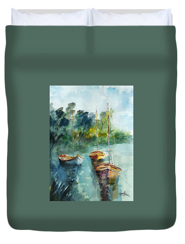 Boat Duvet Cover featuring the painting Boats On The Lake by Faruk Koksal