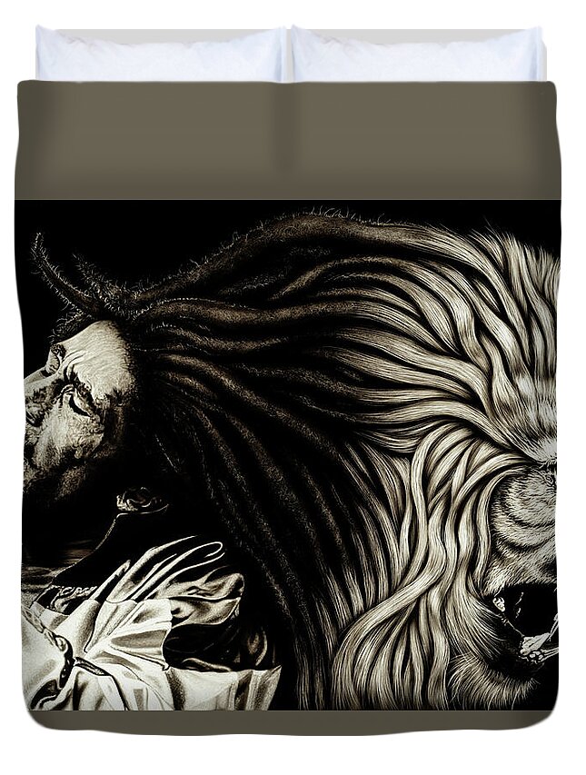 Bob Marley Duvet Cover featuring the painting Bob Marley - Lion Heart by Dan Menta