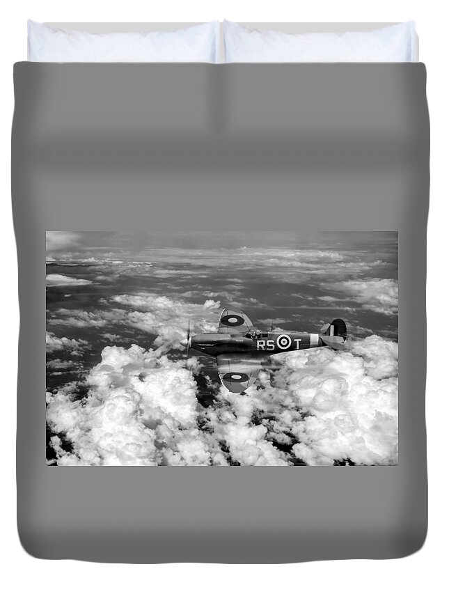Bob Stanford Tuck Duvet Cover featuring the digital art Bob Stanford Tuck's Spitfire Vb black and white version by Gary Eason
