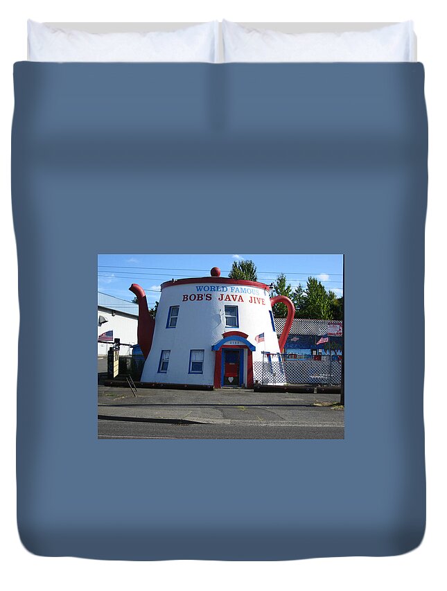 World Famous Duvet Cover featuring the photograph Bob's Java Jive Coffee Pot by Kym Backland