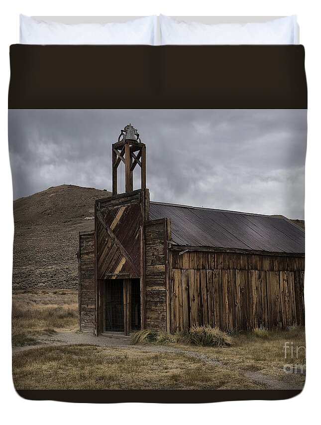 Sandra Bronstein Duvet Cover featuring the photograph Bodie Fire Station with Lightning by Sandra Bronstein