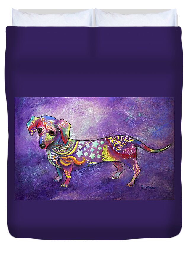 Dachshund Art Print Duvet Cover featuring the mixed media Dachshund by Patricia Lintner