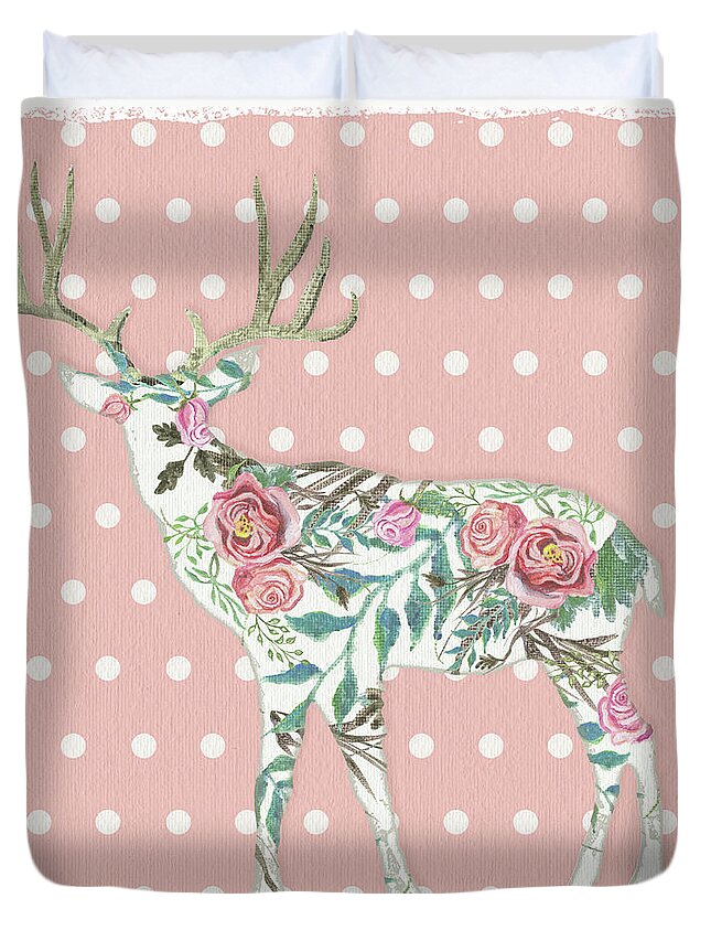 Boho Duvet Cover featuring the painting BOHO Deer Silhouette Rose Floral Polka Dot by Audrey Jeanne Roberts