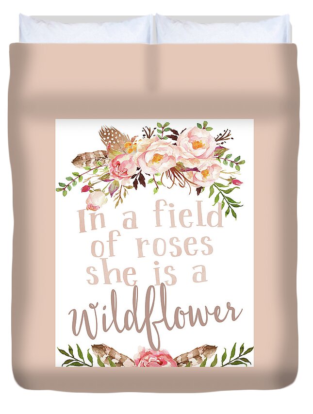 Boho Duvet Cover featuring the digital art Boho In A Field Of Roses She Is A Wildflower by Pink Forest Cafe