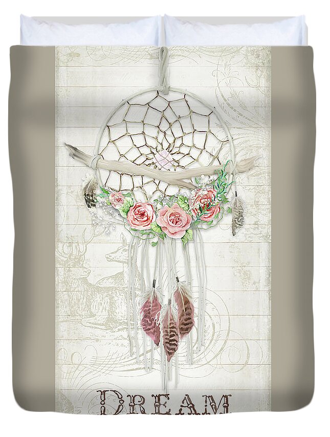 Dream Catcher Duvet Cover featuring the painting BOHO Western Dream Catcher w Wood Macrame Feathers and Roses Dream Beautiful Dreams by Audrey Jeanne Roberts