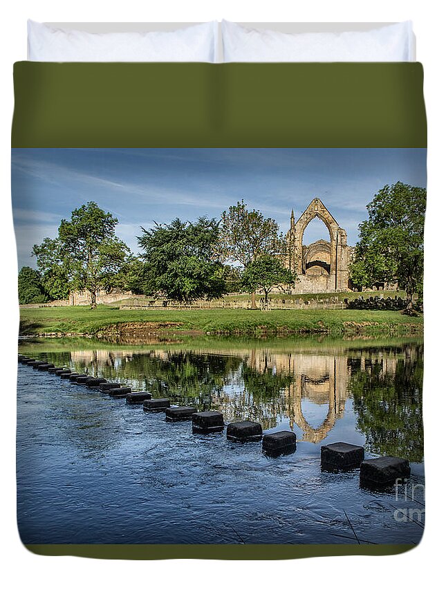 Abbey - Ruin - River - Sky - Trees - Stepping Stones - England - Uk Duvet Cover featuring the photograph Bolton Abbey by Chris Horsnell