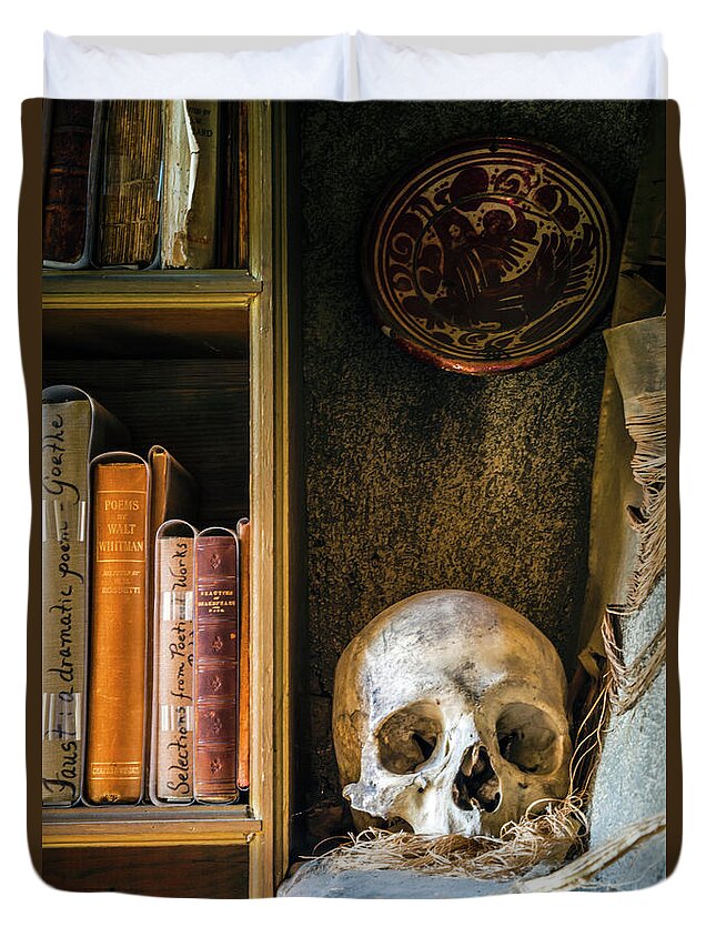 Bookcase Duvet Cover featuring the photograph Bookcase Skull by Jack Nevitt
