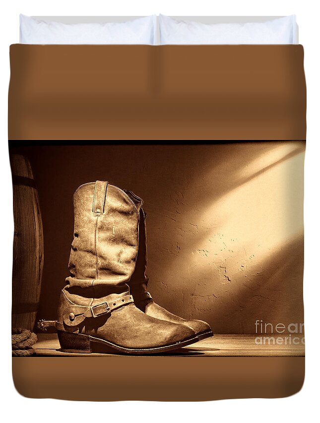 Cowboy Boots Duvet Cover featuring the photograph Boots at the Hacienda by American West Legend By Olivier Le Queinec
