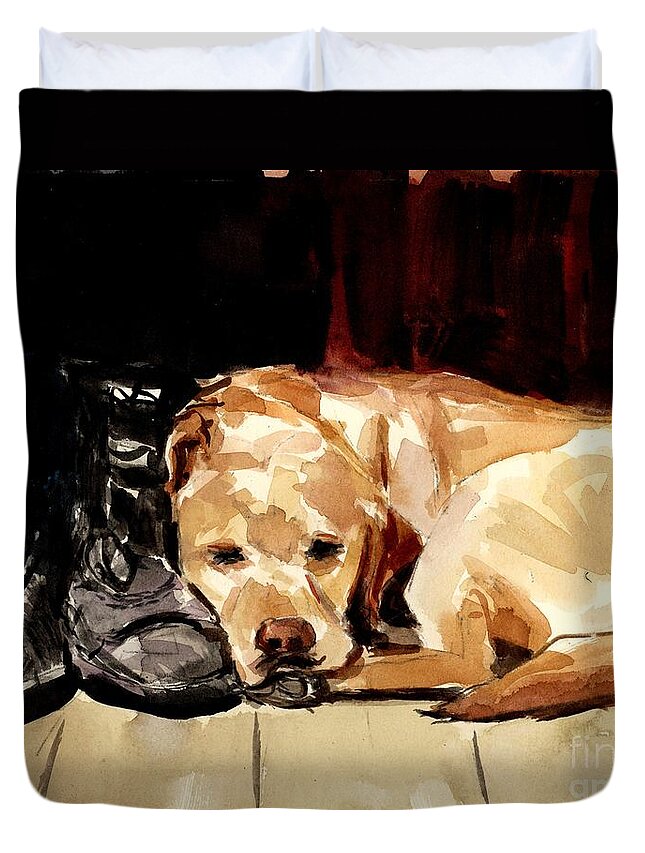 Yellow Dog Duvet Cover featuring the painting Boots by Molly Poole