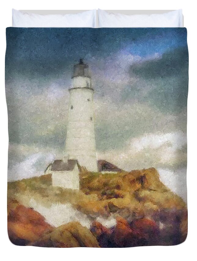 Boston Light Duvet Cover featuring the painting Boston Light on a Stormy Day by Bill McEntee