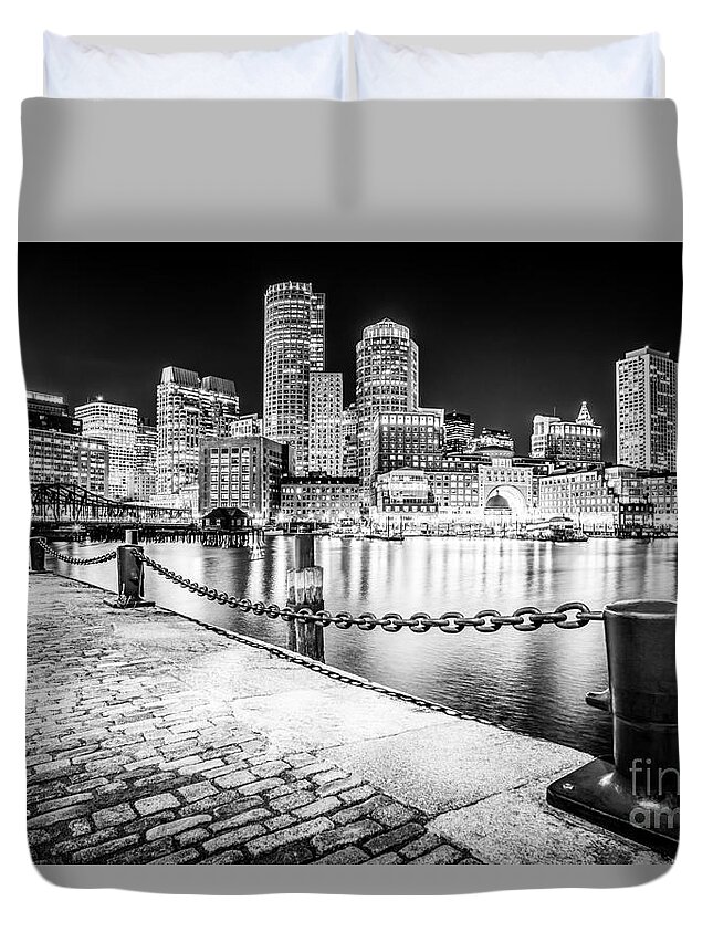 America Duvet Cover featuring the photograph Boston Skyline at Night Black and White Picture by Paul Velgos
