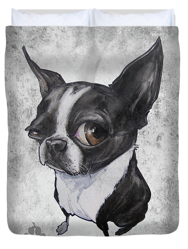 Boston Terrier Duvet Cover featuring the drawing Boston Terrier - Grey Antique by John LaFree