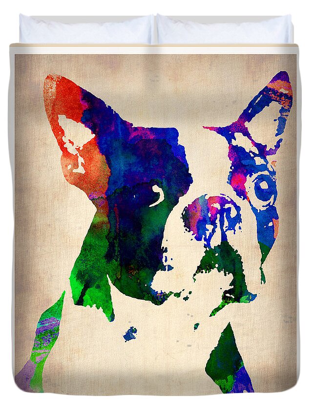 Boston Terrier Duvet Cover featuring the painting Boston Terrier Watercolor by Naxart Studio