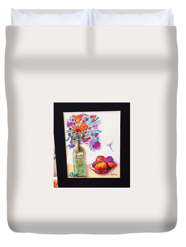 Flowers Duvet Cover featuring the painting Bottle and Fruit by Kenlynn Schroeder