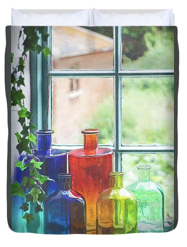 Blue Duvet Cover featuring the photograph Bottles in the Window Vertical by Teresa Wilson