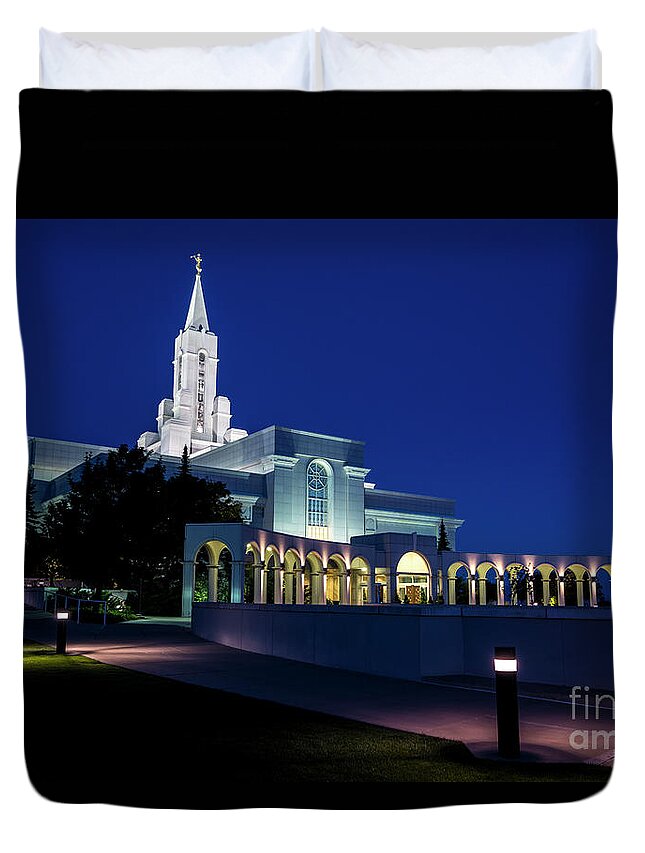 Bountiful Temple Duvet Cover featuring the photograph Bountiful Mormon LDS Temple at Twilight - Utah by Gary Whitton
