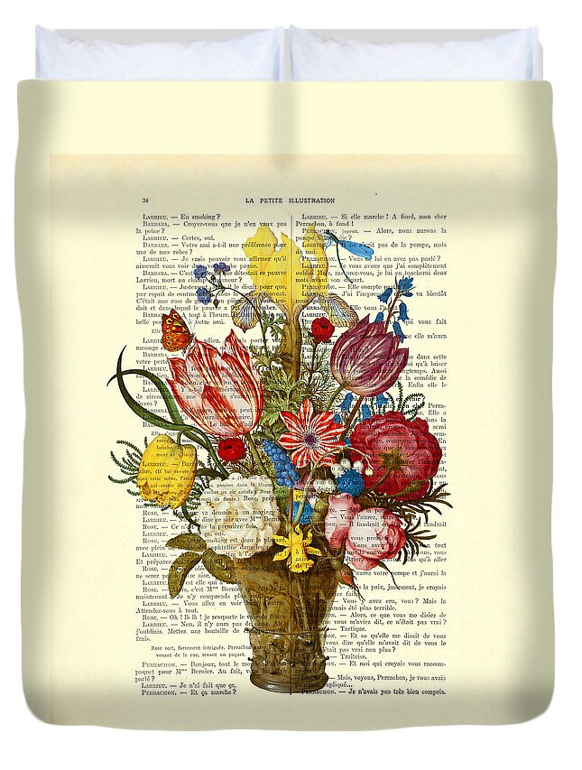 Roses Duvet Cover featuring the digital art Bouquet of flowers on dictionary paper by Madame Memento