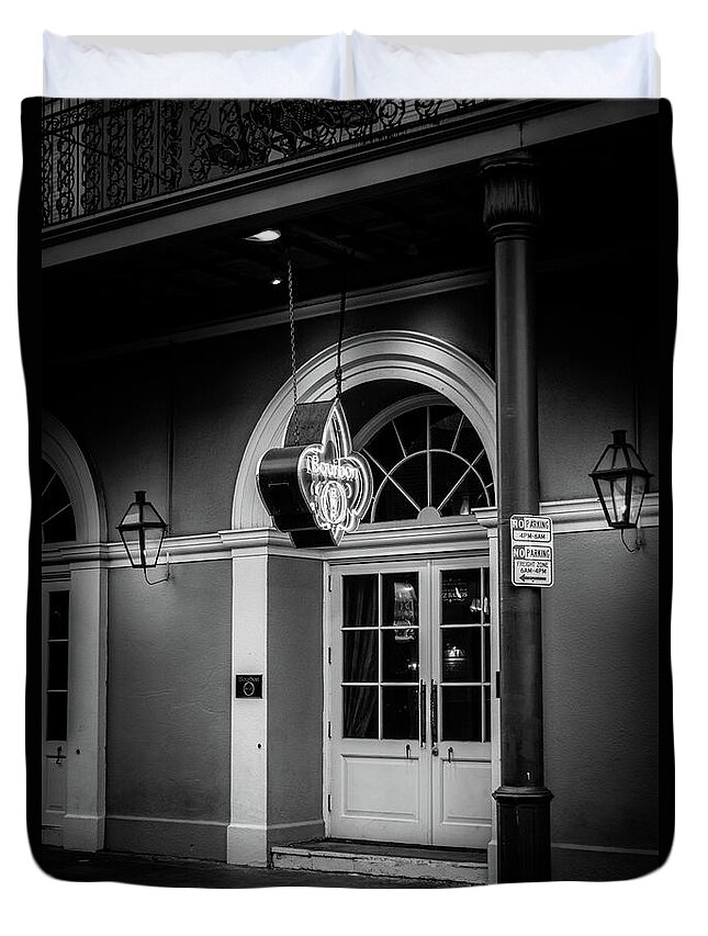 Fine Art New Orleans Duvet Cover featuring the photograph Bourbon O Bar In Black and White by Greg and Chrystal Mimbs