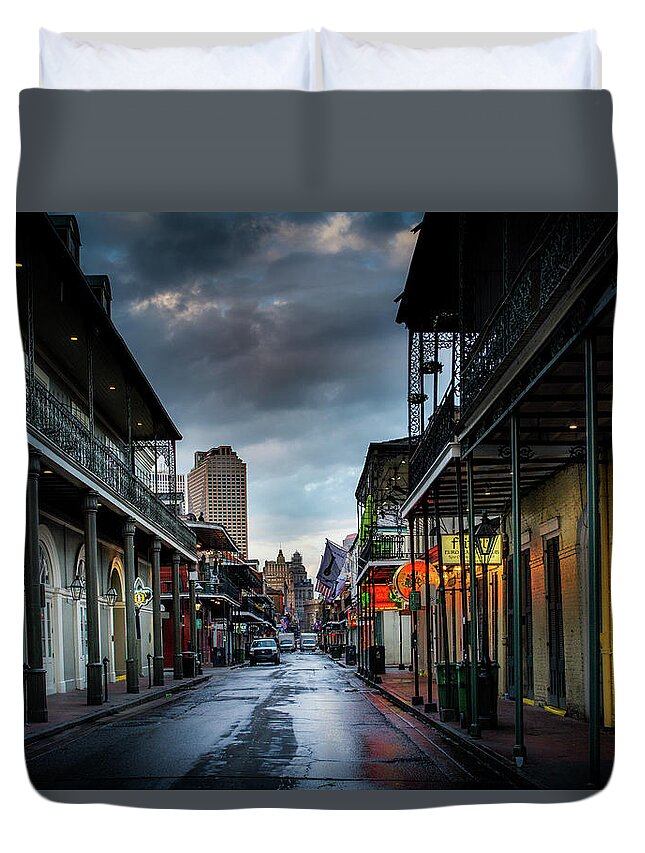 Fine Art New Orleans Duvet Cover featuring the photograph Bourbon Rain by Greg and Chrystal Mimbs
