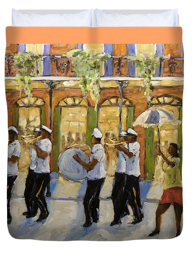 Second Line (parades) Duvet Cover featuring the painting Bourbon Street Second Line New Orleans by Richard T Pranke
