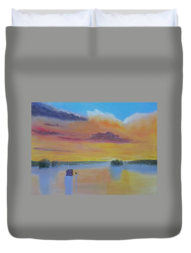 Sunrise Lake Ice Snow Fishing Clouds Shack Reflections Duvet Cover featuring the painting Bow Lake Ice Fishing by Scott W White