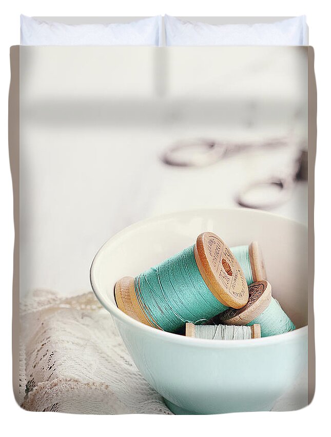 Vintage Duvet Cover featuring the photograph Bowl of Vintage Spools of Thread by Stephanie Frey