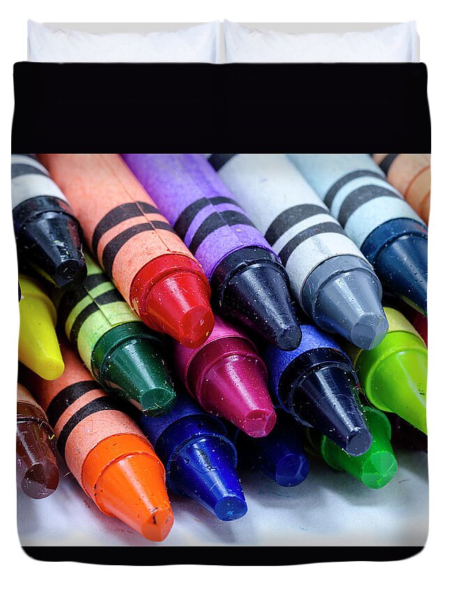 Charcoal Duvet Cover featuring the photograph Box of Colorful Crayons by Teri Virbickis