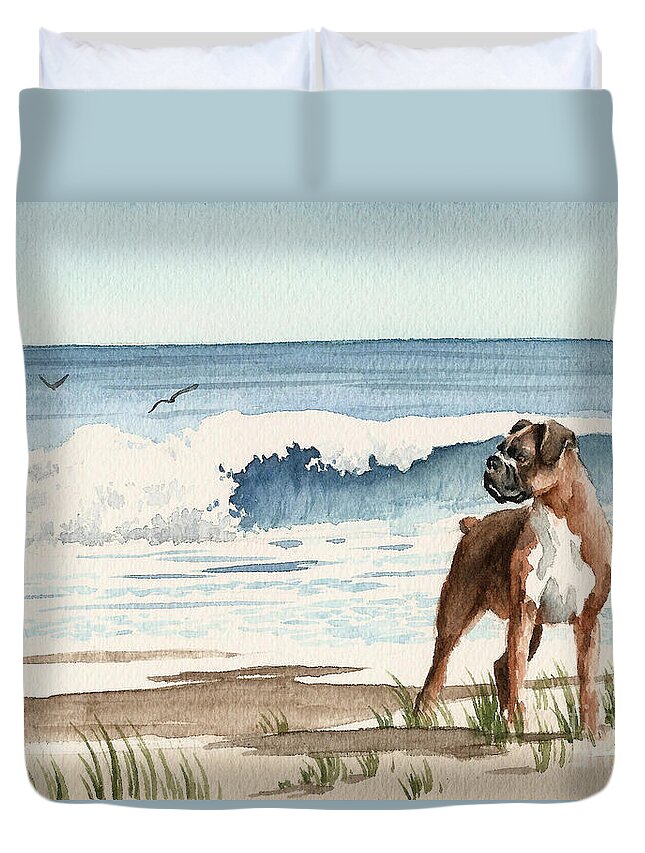 Boxer Duvet Cover featuring the painting Boxer At The Beach by David Rogers