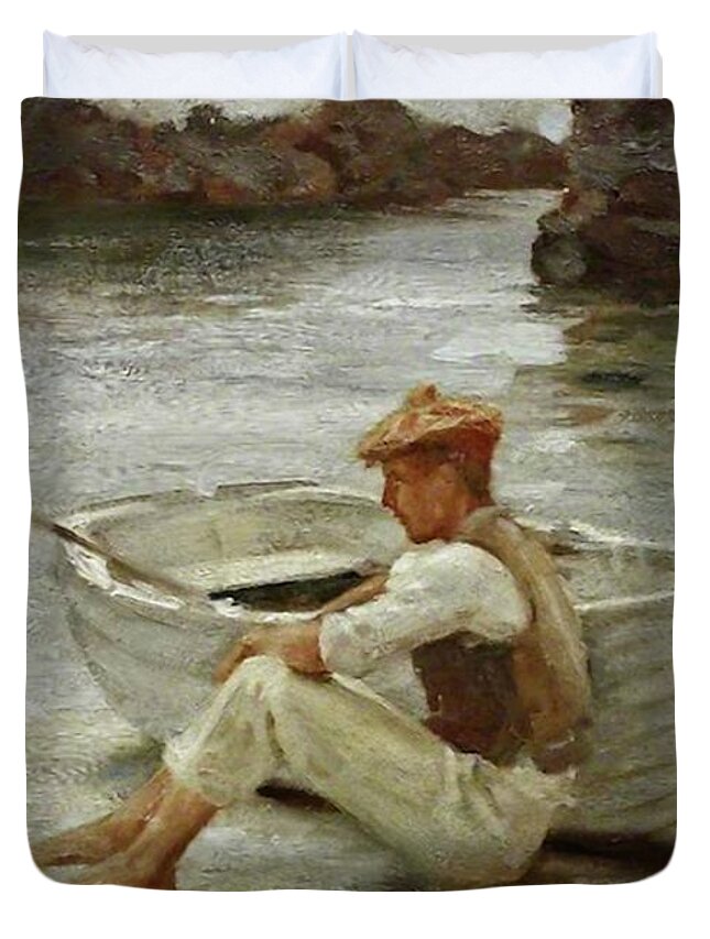Boy Duvet Cover featuring the painting Boy and Boat by Henry Scott Tuke