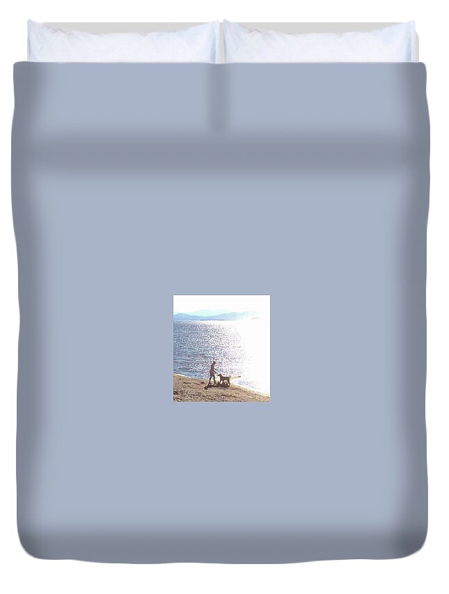 Boy And Dog By Water Duvet Cover featuring the photograph Boy and Dog by Felipe Adan Lerma