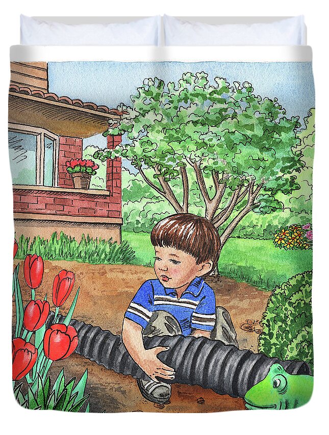 Boy Duvet Cover featuring the painting Boy In The Garden Helping Parents by Irina Sztukowski