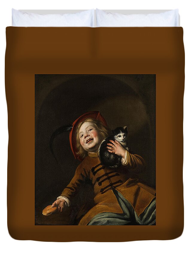 Boy With A Cat Duvet Cover featuring the painting Boy with a cat by Judith Leyster