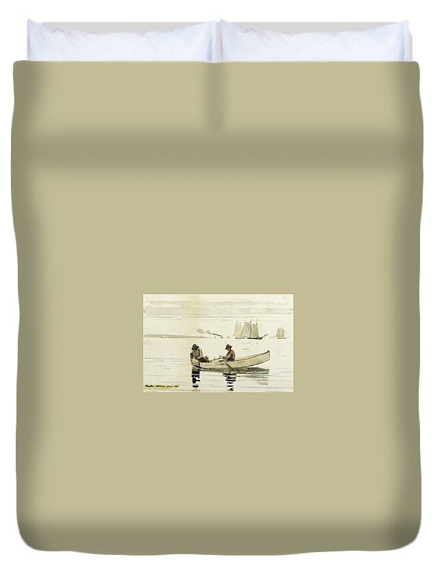 Winslow Homer Duvet Cover featuring the drawing Boys Fishing by Winslow Homer