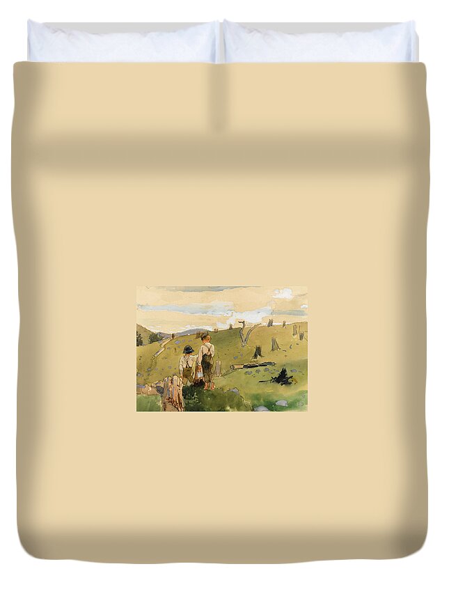 Winslow Homer Duvet Cover featuring the drawing Boys on a Hillside by Winslow Homer