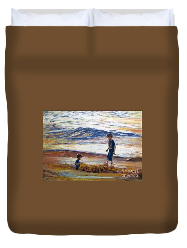 Boys Duvet Cover featuring the painting Boys playing at the beach by Ryn Shell