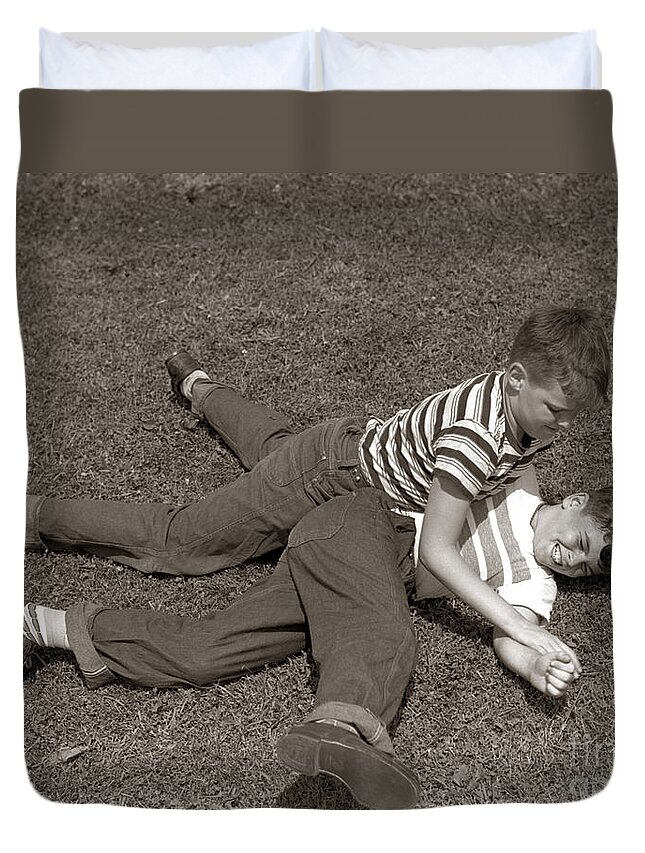 1950s Duvet Cover featuring the photograph Boys Wrestling, C.1950s by H. Armstrong Roberts/ClassicStock