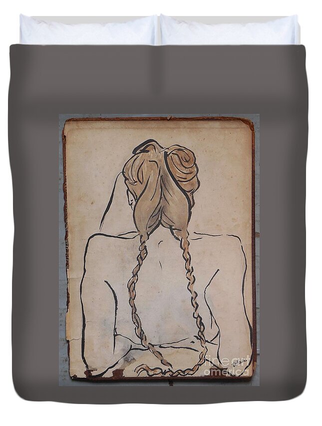 Sumi Ink Duvet Cover featuring the drawing Braids by M Bellavia