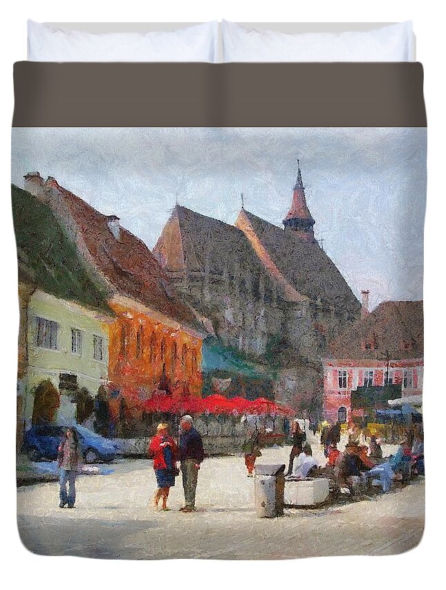Shop Duvet Cover featuring the painting Brasov Council Square by Jeffrey Kolker