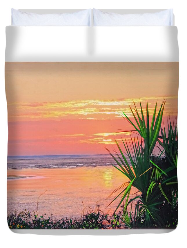 Sunrise Duvet Cover featuring the painting Breach inlet sunrise palmetto by Virginia Bond