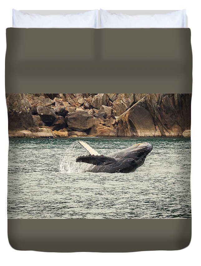 Alaska Duvet Cover featuring the photograph Breaching Humpback Calf by Joni Eskridge