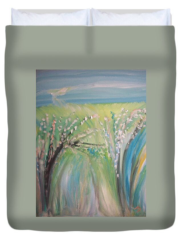 Trees Duvet Cover featuring the painting Break in the clouds by Judith Desrosiers