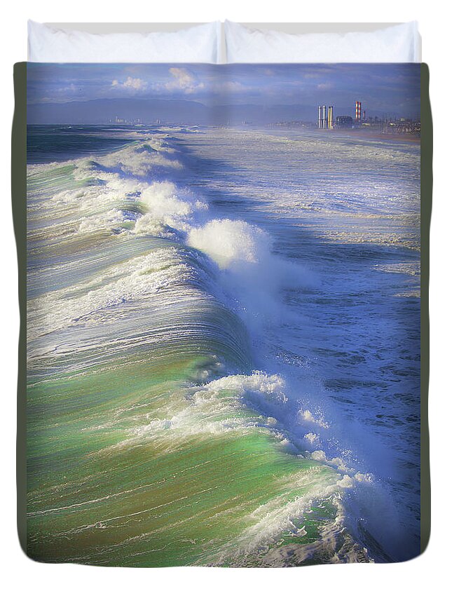 Waves Breaking Beach Original Fine Art Photography Duvet Cover featuring the photograph Breaking Waves by Jerry Cowart