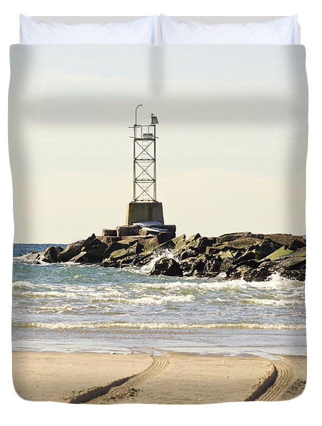 Breezy Point Duvet Cover featuring the photograph Breezy Point Jetty with tracks by Maureen E Ritter