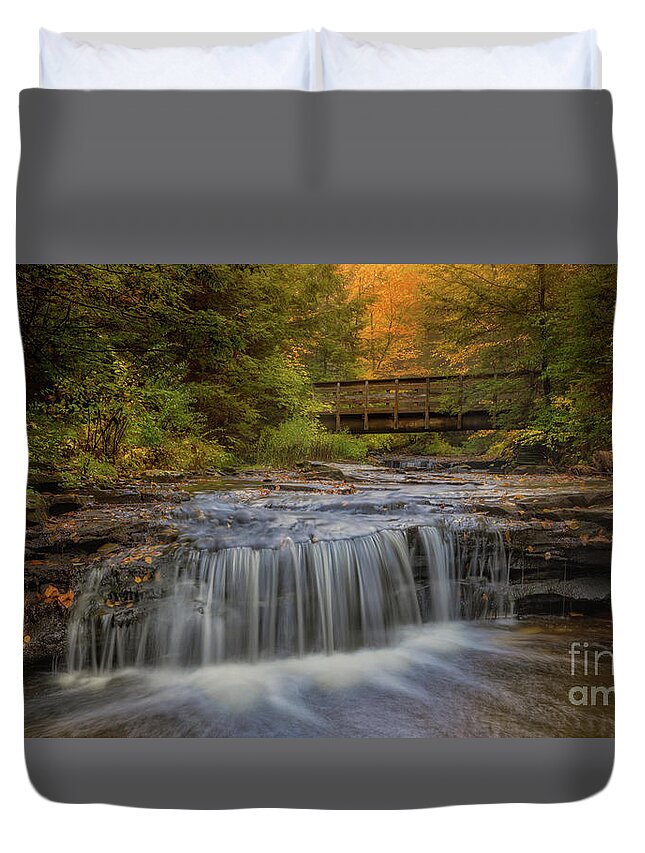 Allegheny Duvet Cover featuring the photograph Bridge and Falls by Jerry Fornarotto