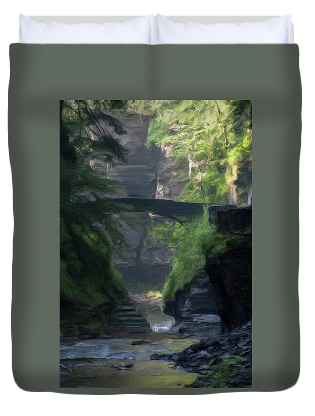 Dawn Duvet Cover featuring the photograph Bridge at Treman Gorge by Monroe Payne