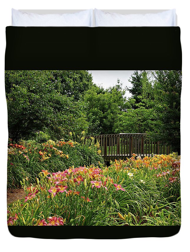 Bridge Duvet Cover featuring the photograph Bridge in Daylily Garden by Sandy Keeton