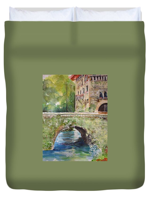 Rock Building Duvet Cover featuring the painting Bridge in Spain by Robin Miller-Bookhout